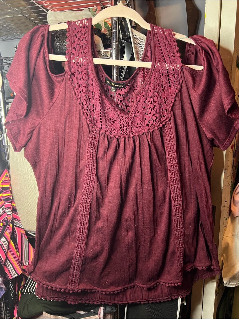 Almost Famous Wine Crochet Yoke Short Sleeve Tunic